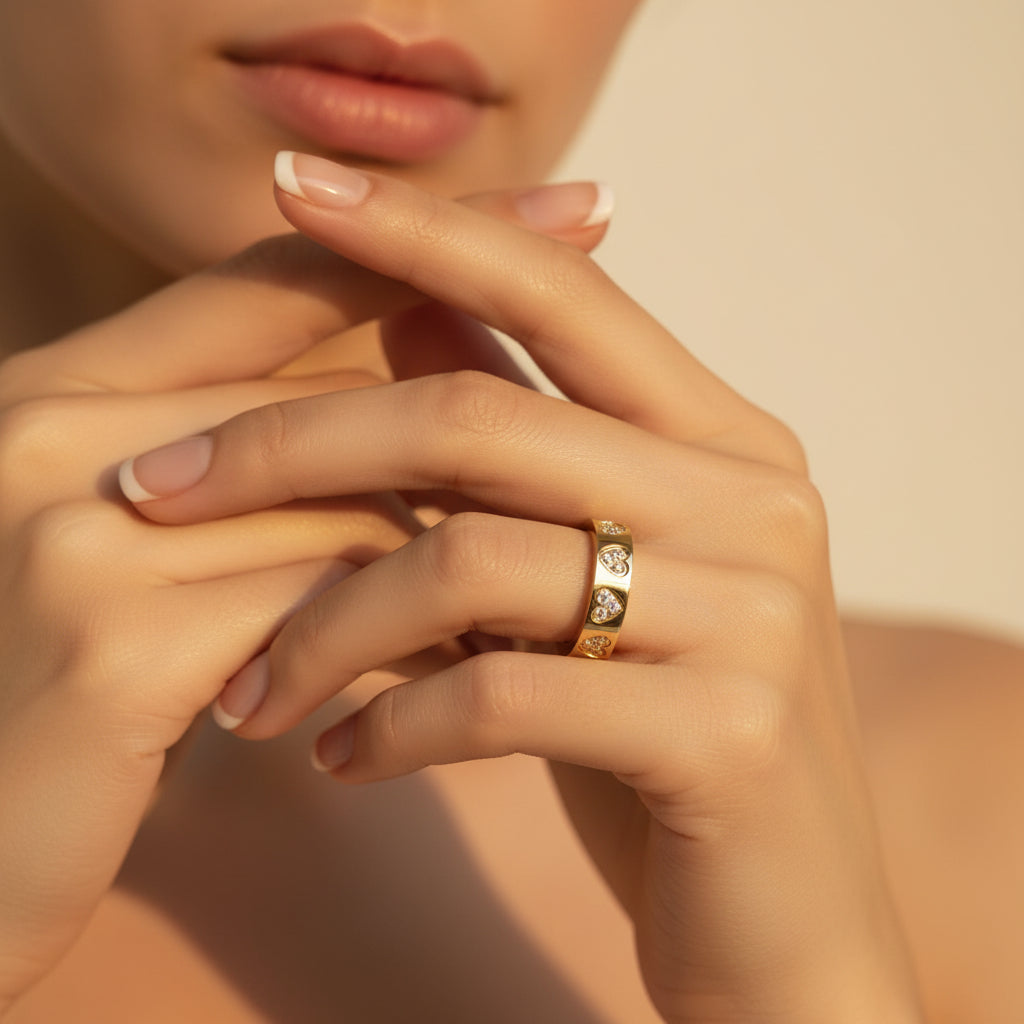 Sparkling Heart Band Ring stacked with minimal gold bands – curated ring stack by Swikaar