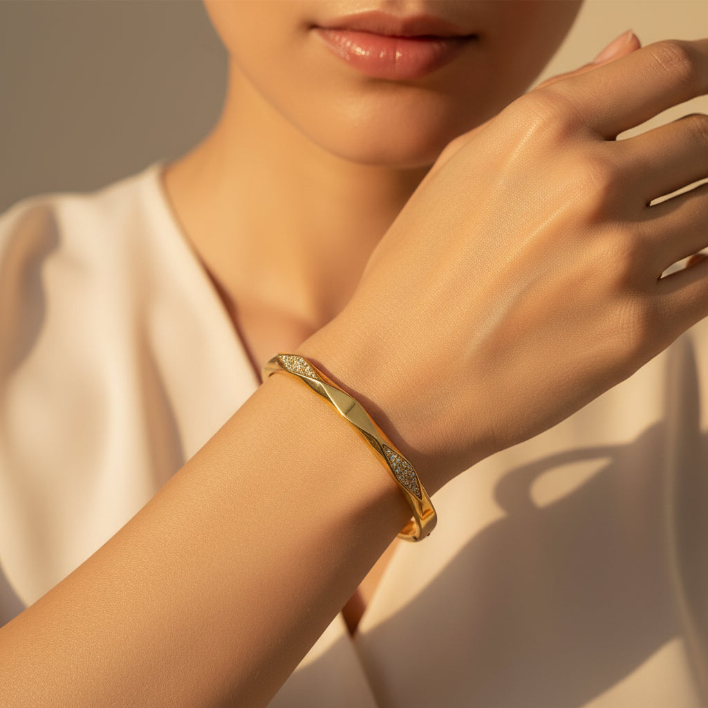 The Celestia Twist Crystal Bangle presented in premium Swikaar packaging, perfect for a high-end gift.