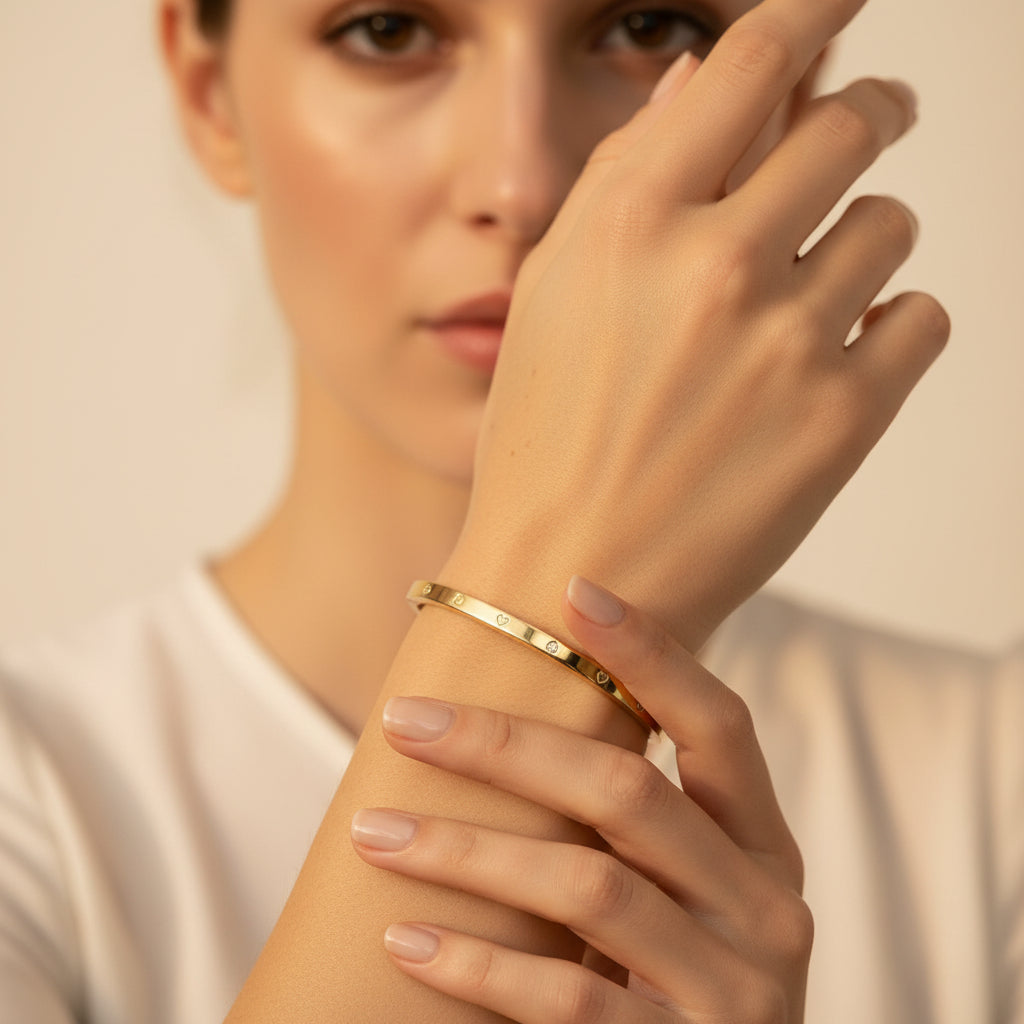The Luna Heart Radiant Bangle presented in premium Swikaar packaging, perfect for a romantic gift for women.