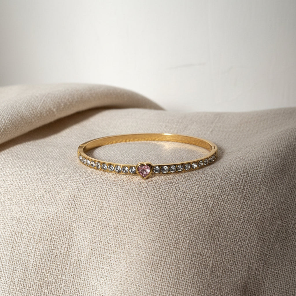 The Pink Heart Stone Gold Bangle presented in premium Swikaar packaging, making it a perfect romantic gift for women.