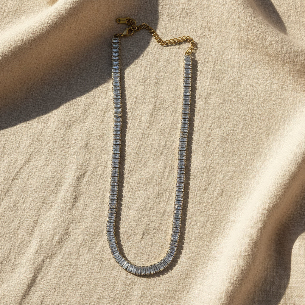 The Rusty Gold Tennis Necklace presented in premium Swikaar packaging, perfect for women who appreciate vintage-inspired luxury.