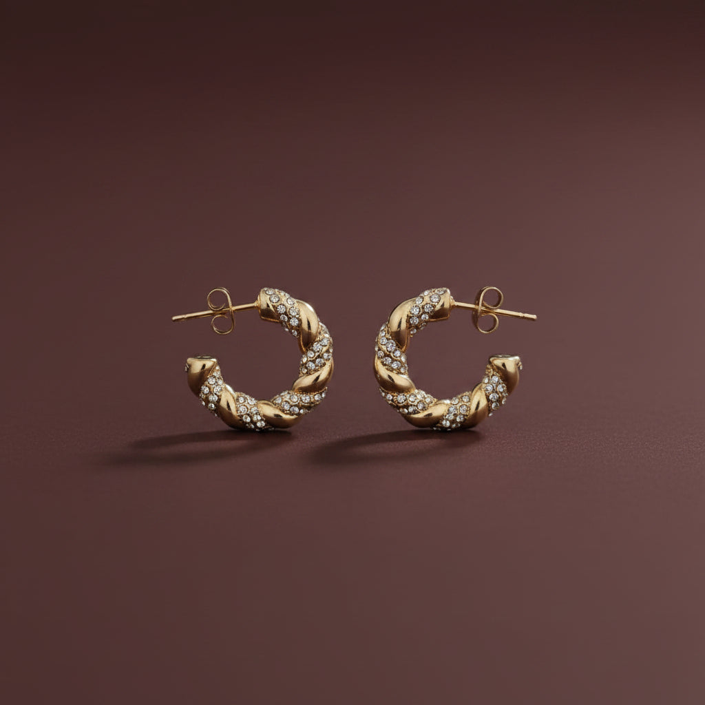 Twisted Crystal Hoop Earrings – gold plated twisted crystal encrusted hoop earrings by Swikaar