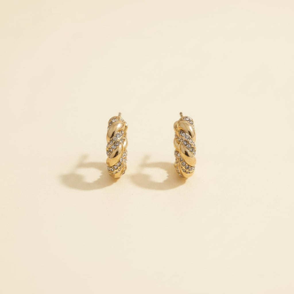 Twisted Crystal Hoop Earrings side view showing twisted texture and crystal stone detailing