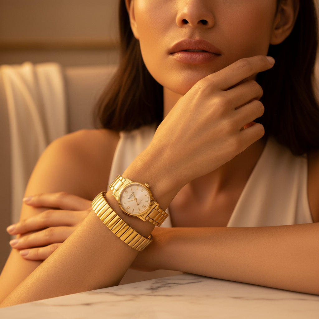 A detailed studio close-up of the Auric Cascade Flex Bracelet showcasing its textured, high-polish 18K gold finish and flexible construction.