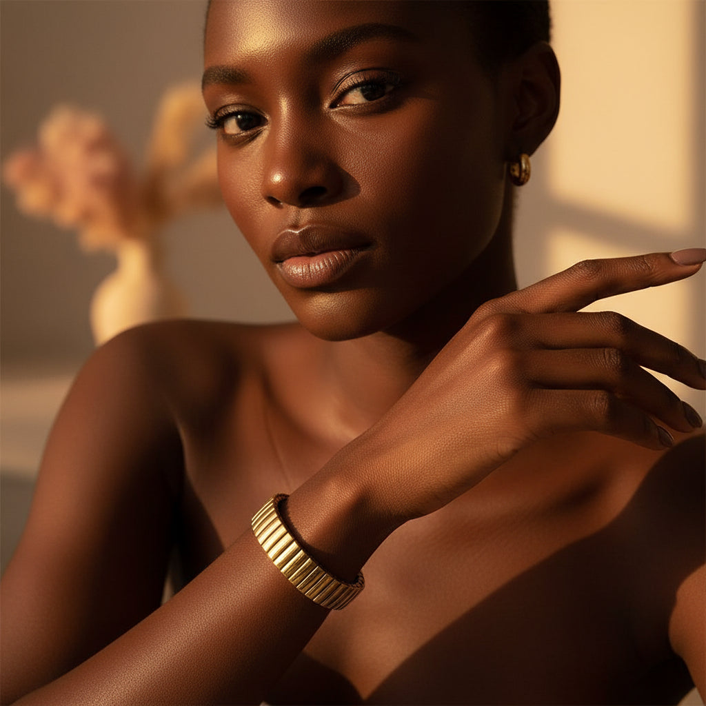 A model's wrist wearing the Auric Cascade Flex Bracelet to demonstrate how it flexibly contours to the skin and catches the light.