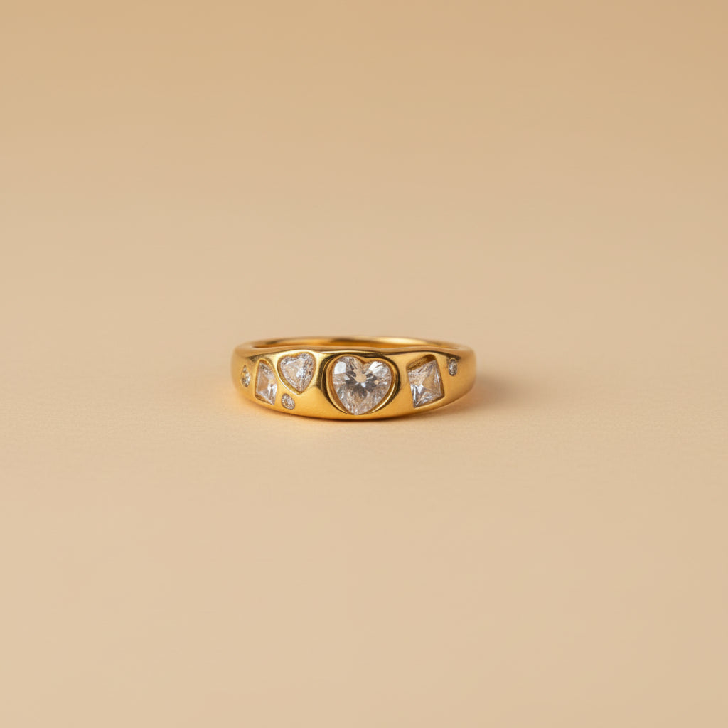 Amora Heart Ring close-up of heart stone detailing in gold finish