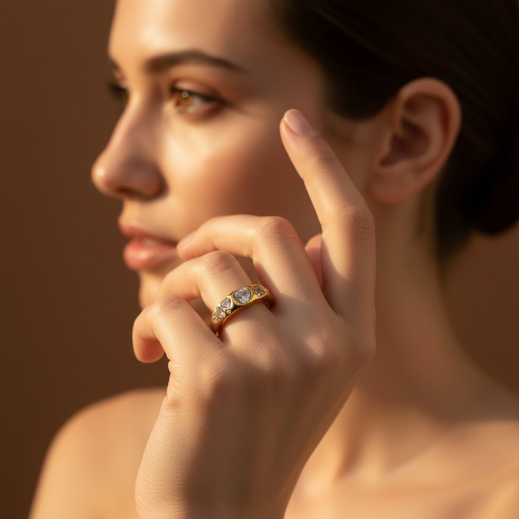 Amora Heart Ring side view showing heart-cut cubic zirconia stones