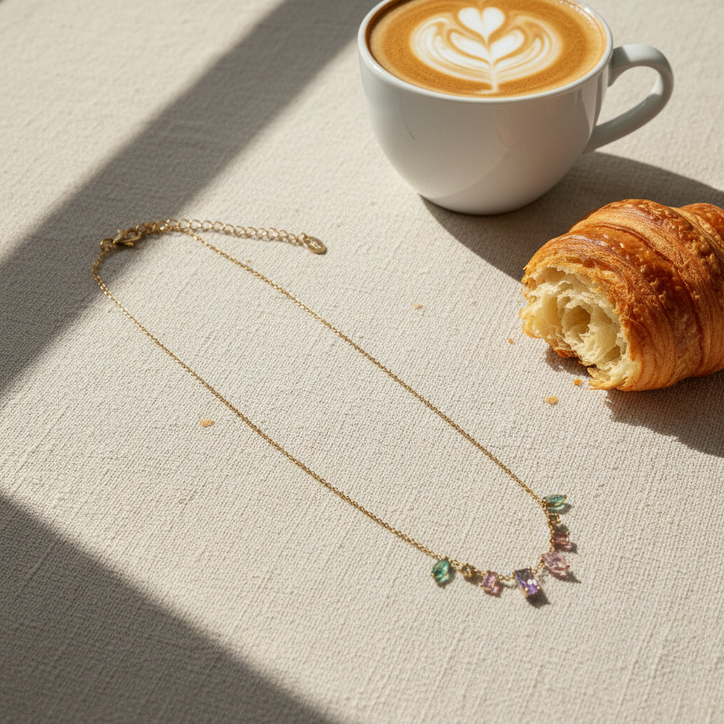 Close-up of the high-quality 18K gold plating and secure lobster clasp on the multicolor crystal charm necklace.