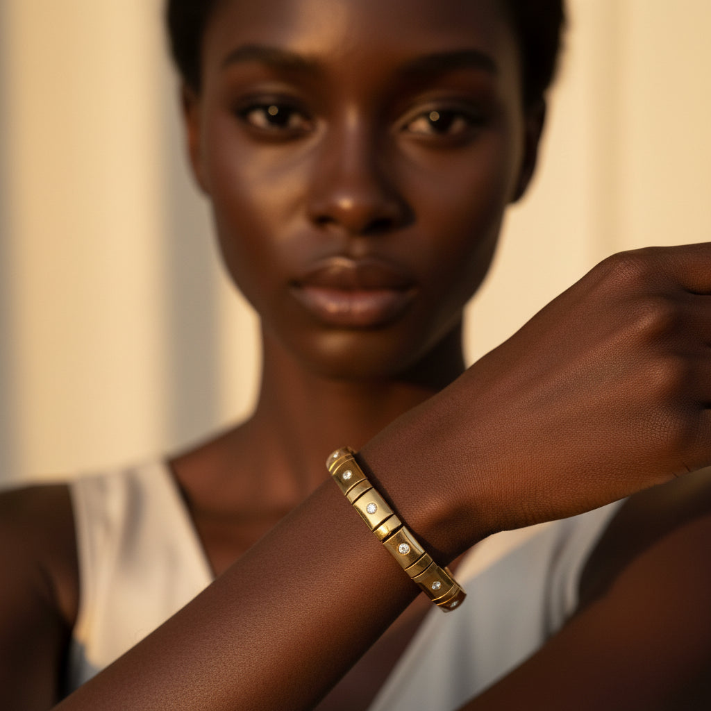 Detailed shot of the high-quality 18K gold plating and the secure integrated clasp of the Celestia Glissade flex bracelet.