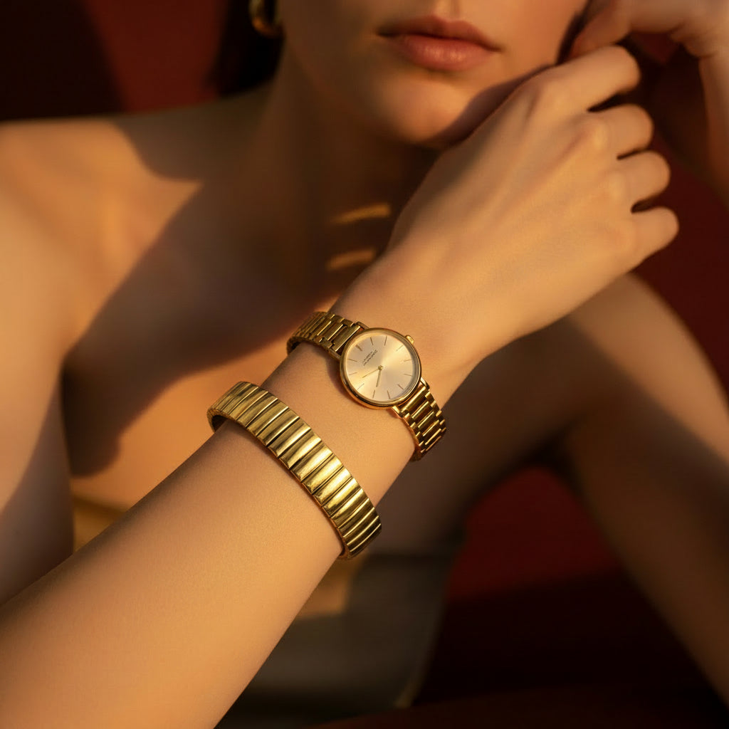 A close-up shot of the high-quality 18K gold plating and the secure, seamless integrated fold-over clasp on the Auric Cascade bracelet.