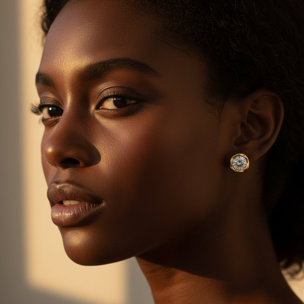 Realistic flat lay photograph of the premium 18K gold plated fluid molten bezel diamond stud earrings resting naturally on a textured cream linen cloth.