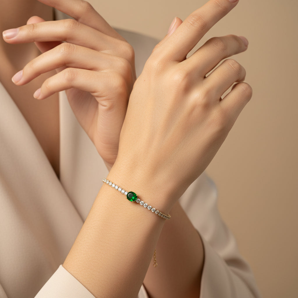 Detailed shot of the secure clasp and high-quality 18K gold plating on the green stone tennis bracelet.