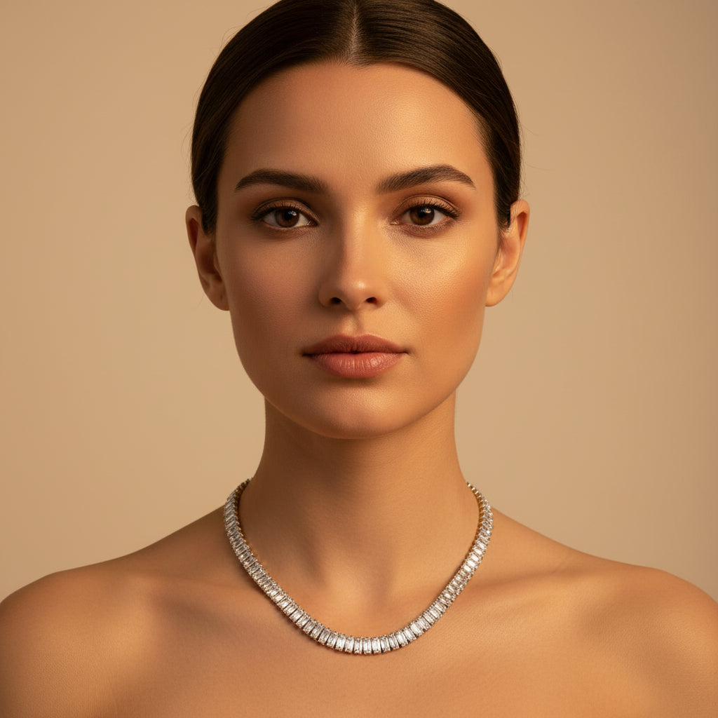 Detailed shot of the high-quality 18K gold plating and the secure lobster clasp on the rusty gold tennis necklace.