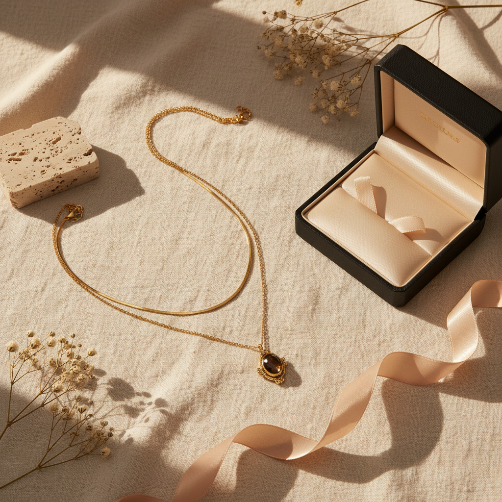 Layered gold necklace styled on cream linen with luxury jewellery accessories.