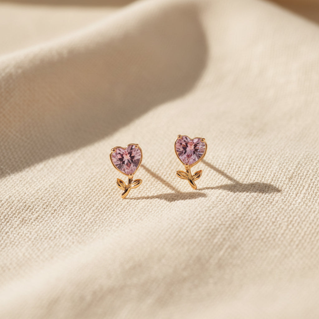 Blush Heart Stud Earrings pair flat lay – gold plated stud earrings for women