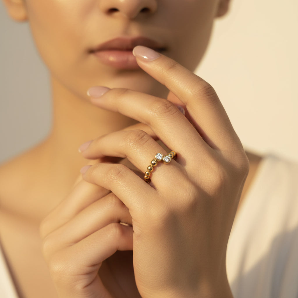 Celeste Beaded Crystal Ring stacked with minimal gold bands – everyday jewellery