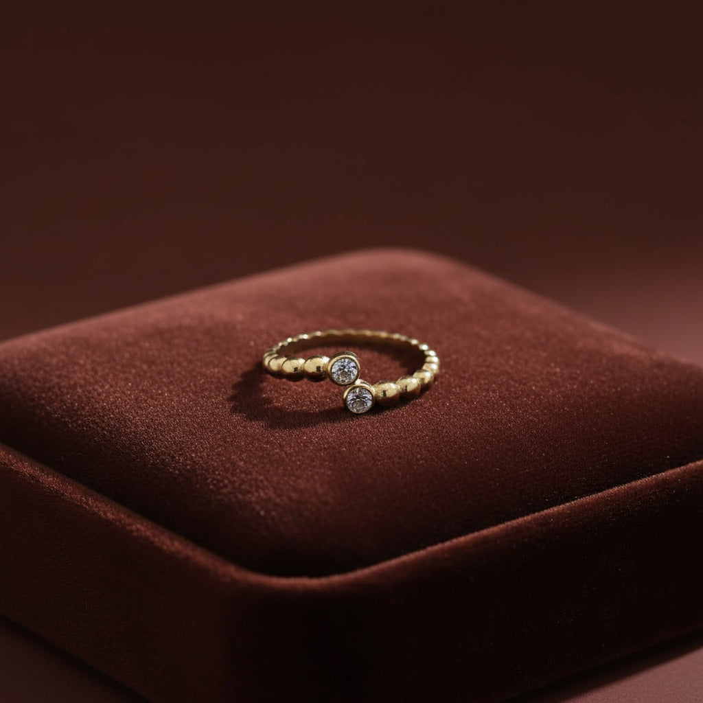 Celeste Beaded Crystal Ring worn on finger – delicate gold ring for women