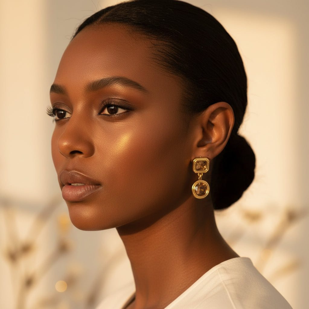 Black female model wearing Celeste Champagne Drop Earrings in a luxury jewellery campaign.
