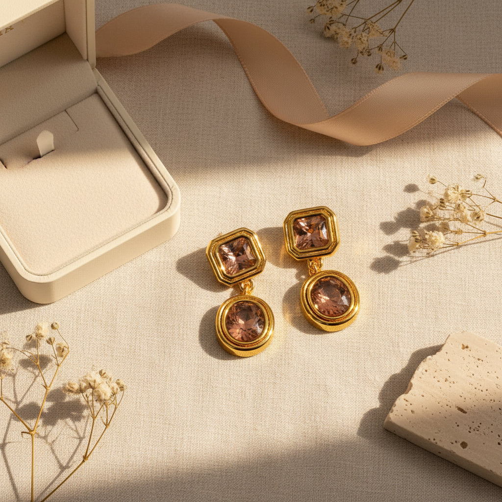 Champagne drop earrings styled on cream linen with luxury jewellery accessories.