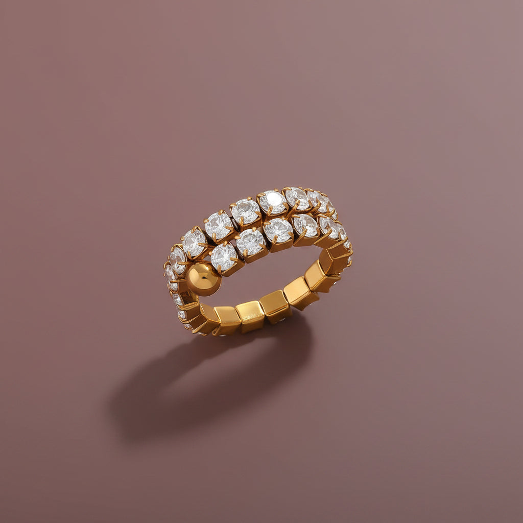 Celeste Lumi Adjustable Ring with brilliant Cubic Zirconia on a luxury brown catalogue background.