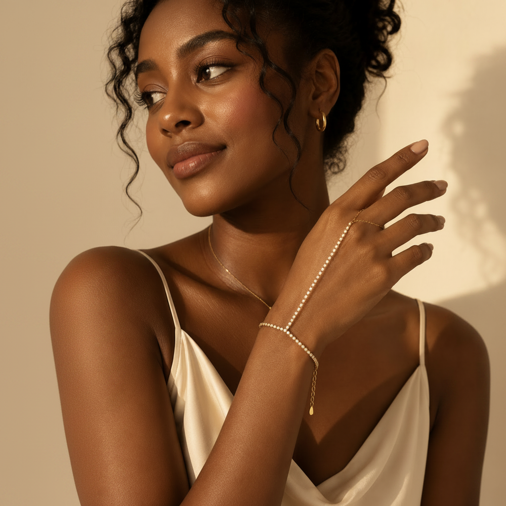 Black female model wearing an elegant gold tennis hand chain in a luxury jewellery campaign.