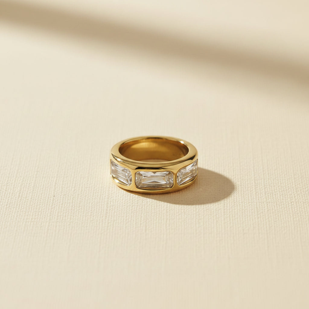 Chunky Crystal Luxe Statement Ring side view showing thick gold plated band