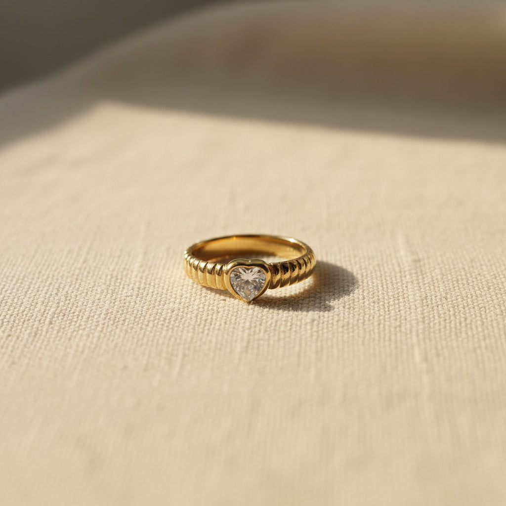 Classic Solitaire Heart Ribbed Ring worn on finger – gold plated heart ring for women