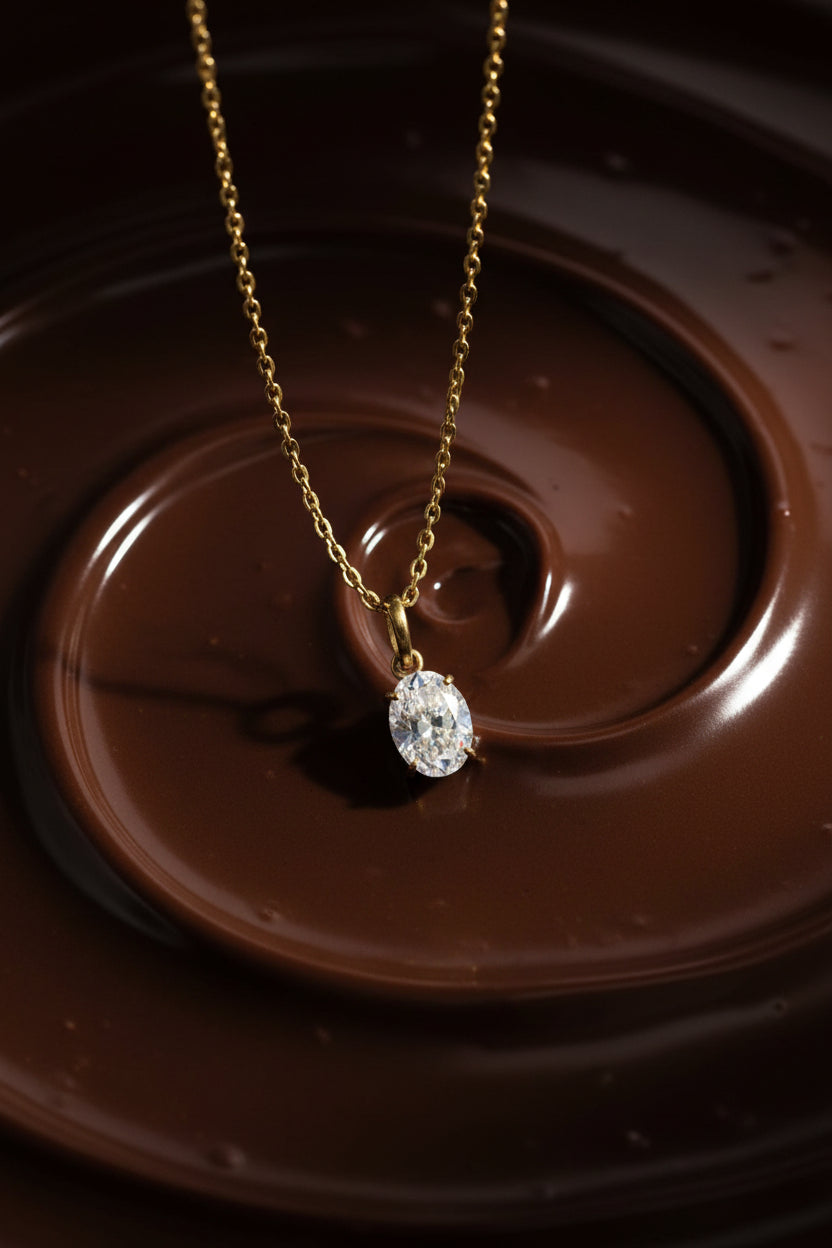 Classic Solitaire Pendant Necklace close-up of oval cubic zirconia stone in gold setting