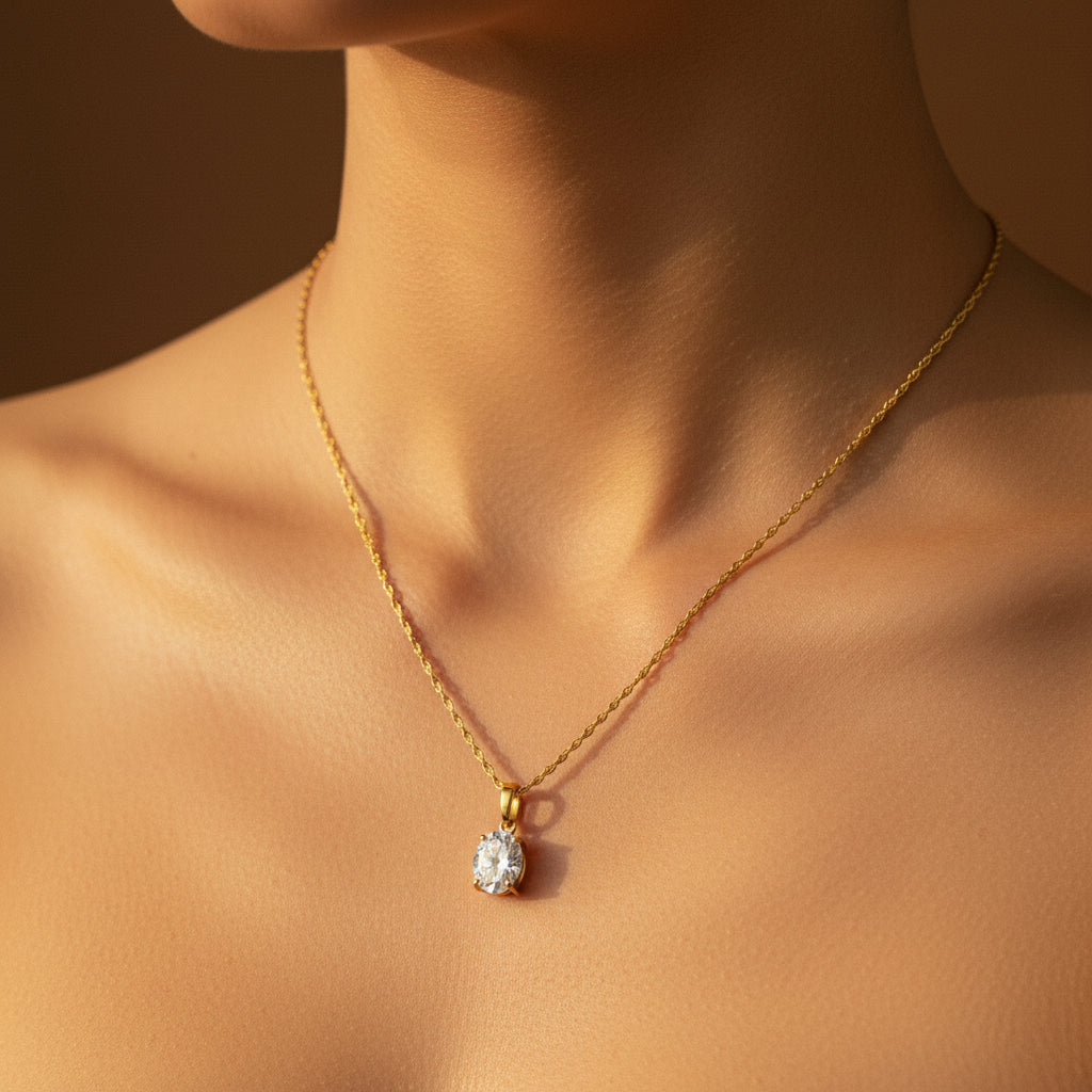 Classic Solitaire Pendant Necklace front view showing delicate gold chain and pendant