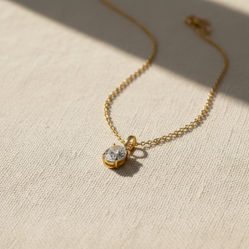 Classic Solitaire Pendant Necklace worn around neck – minimalist gold pendant for women