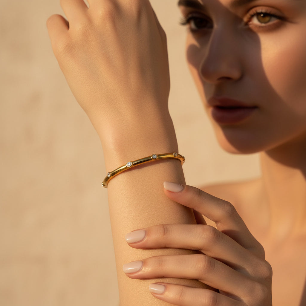 Classic Spark Bangle stacked with gold bangles – everyday wrist styling by Swikaar