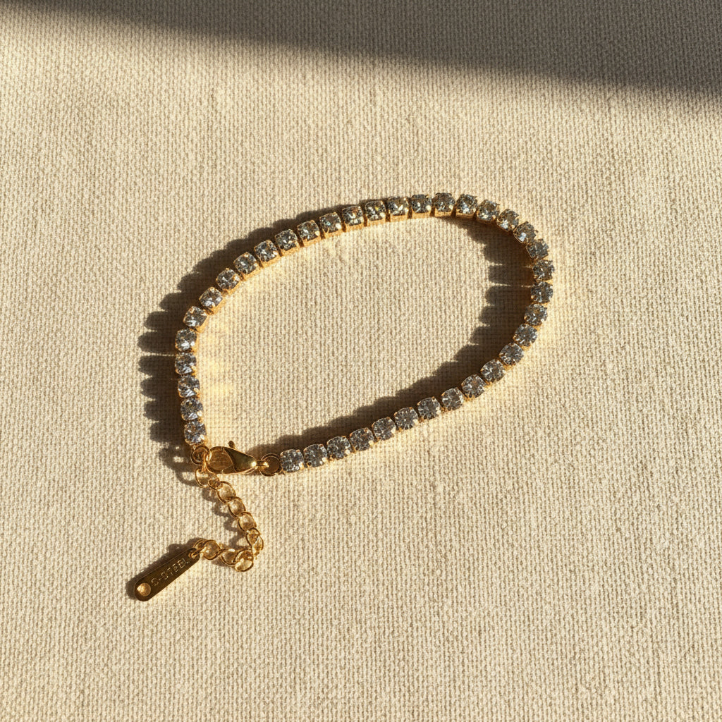 Classic Tennis Bracelet close-up of cubic zirconia crystal stones in gold plated setting