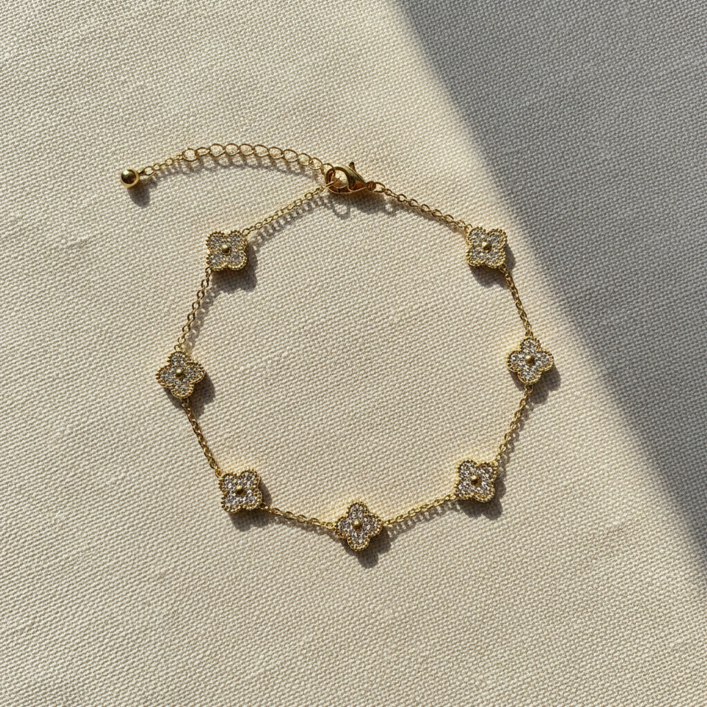 Clover Luxe Charm Bracelet worn on wrist – gold plated lucky charm bracelet for women