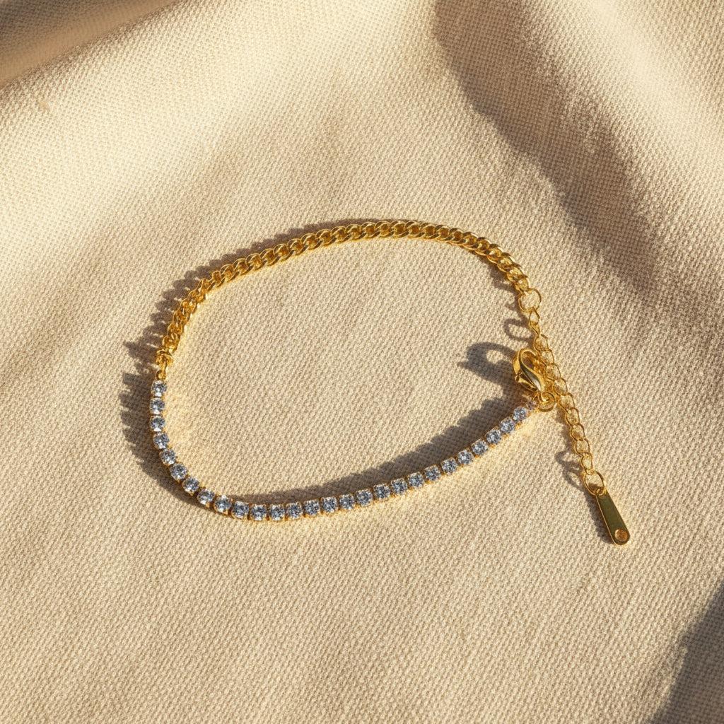 Convertible Dual Style Tennis Bracelet close-up of crystal stones in gold plated setting
