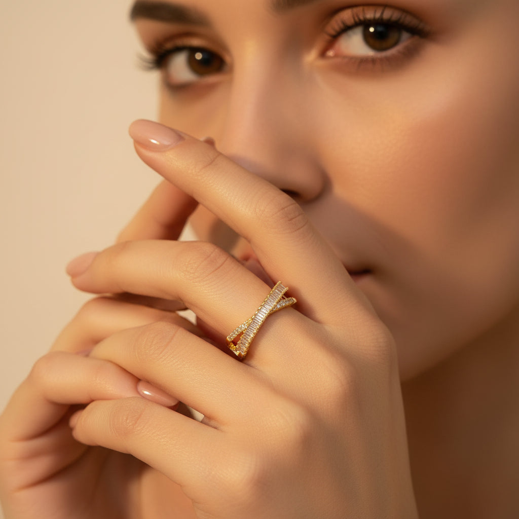 Model wearing 18K gold plated adjustable CZ ring with elegant hand styling