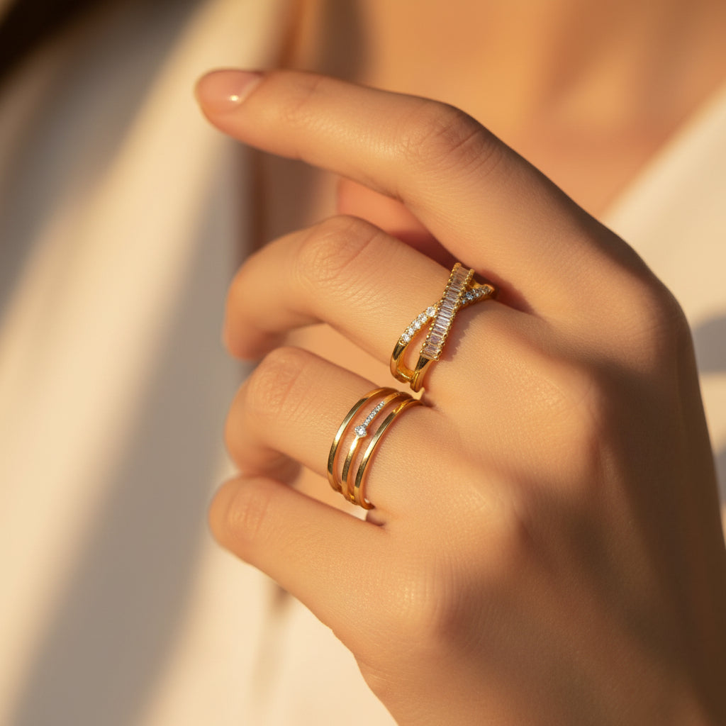 Crossed Paths Adjustable Ring styled with minimal gold rings for a stacked jewellery look