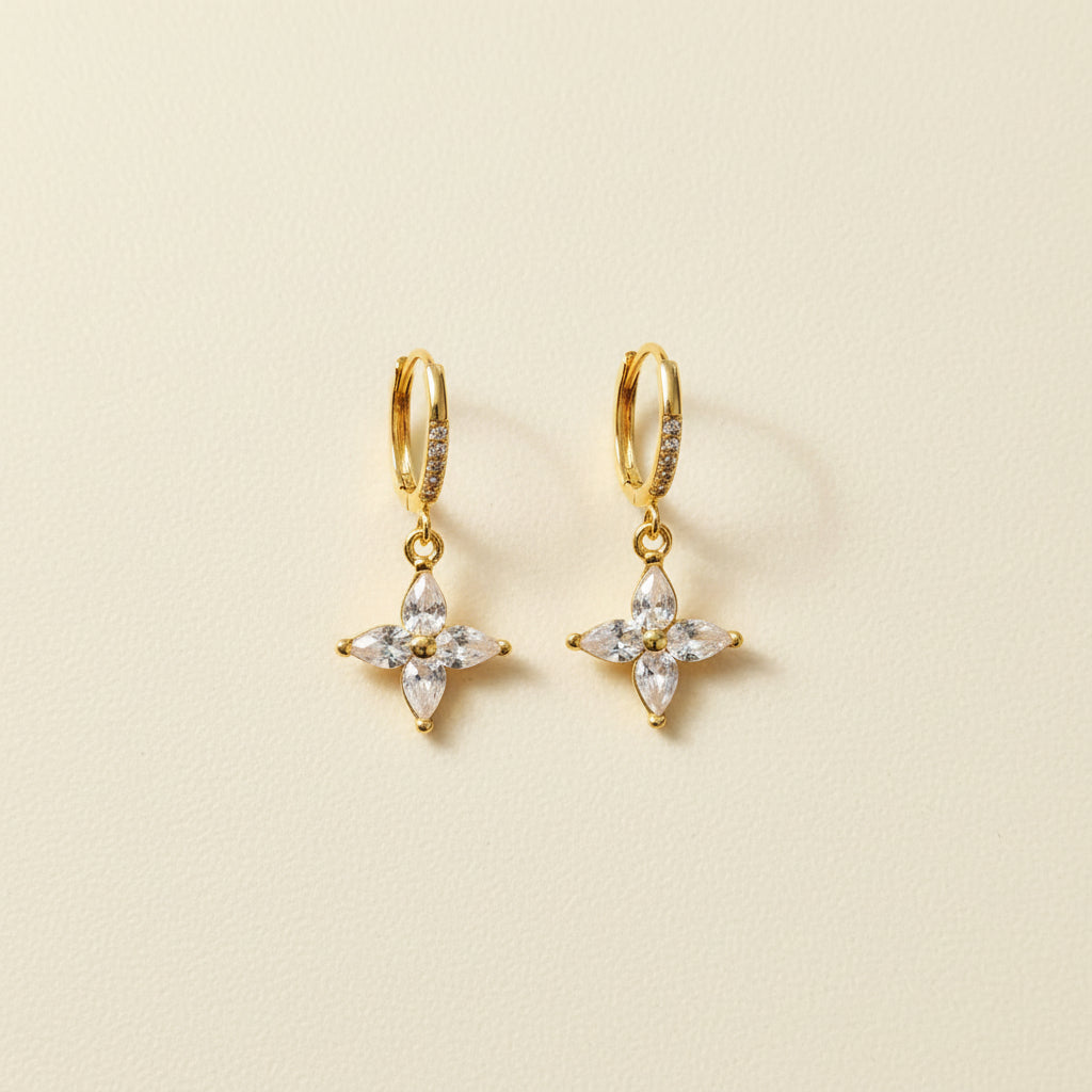 Crystal Bloom Charm Hoop Earrings close-up of four-petal crystal flower charm detail