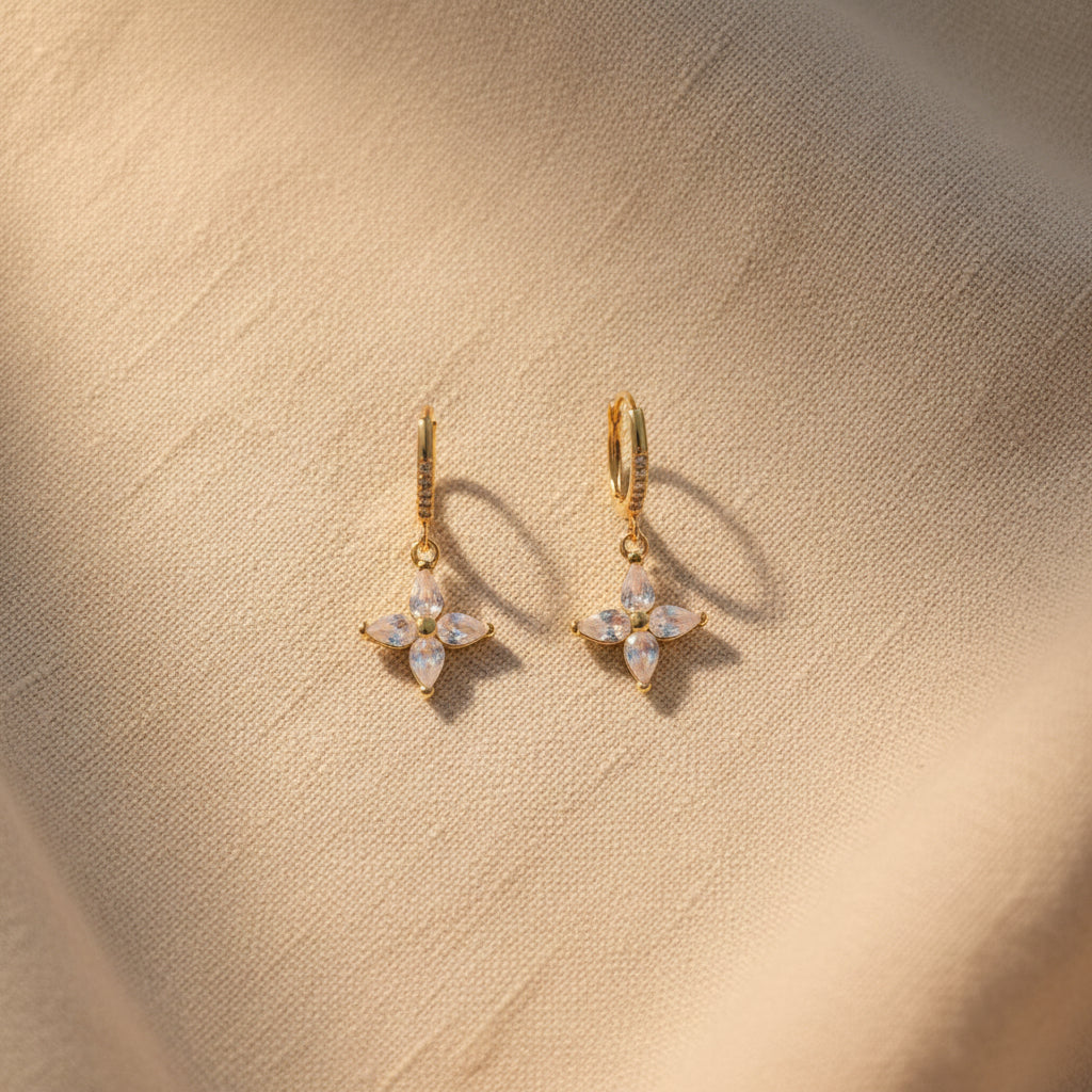 Crystal Bloom Charm Hoop Earrings worn on ear – delicate gold floral hoop for women