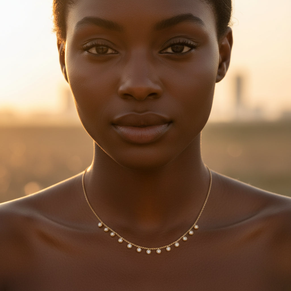 A high-end editorial lifestyle photograph capturing the gold station droplet ball chain necklace composed beautifully on a refreshing food item, with sharp focus on the central hanging round bezel crystal charms.