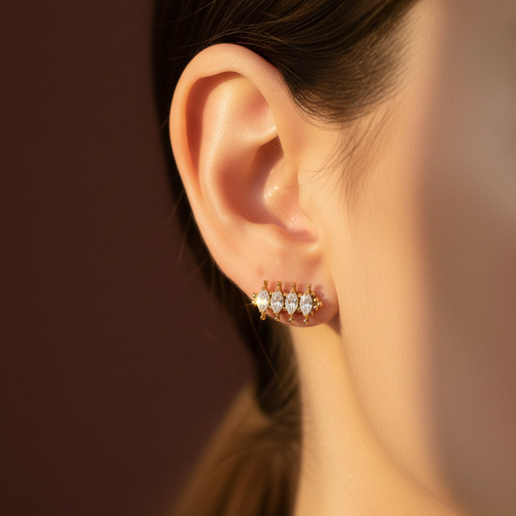 Crystal Stack Stud Earrings close-up of cubic zirconia crystal stone in gold setting