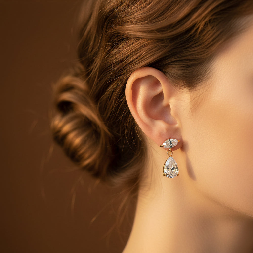 Crystal Teardrop Elegance Earrings front view showing sparkling teardrop crystal and marquise stud detail