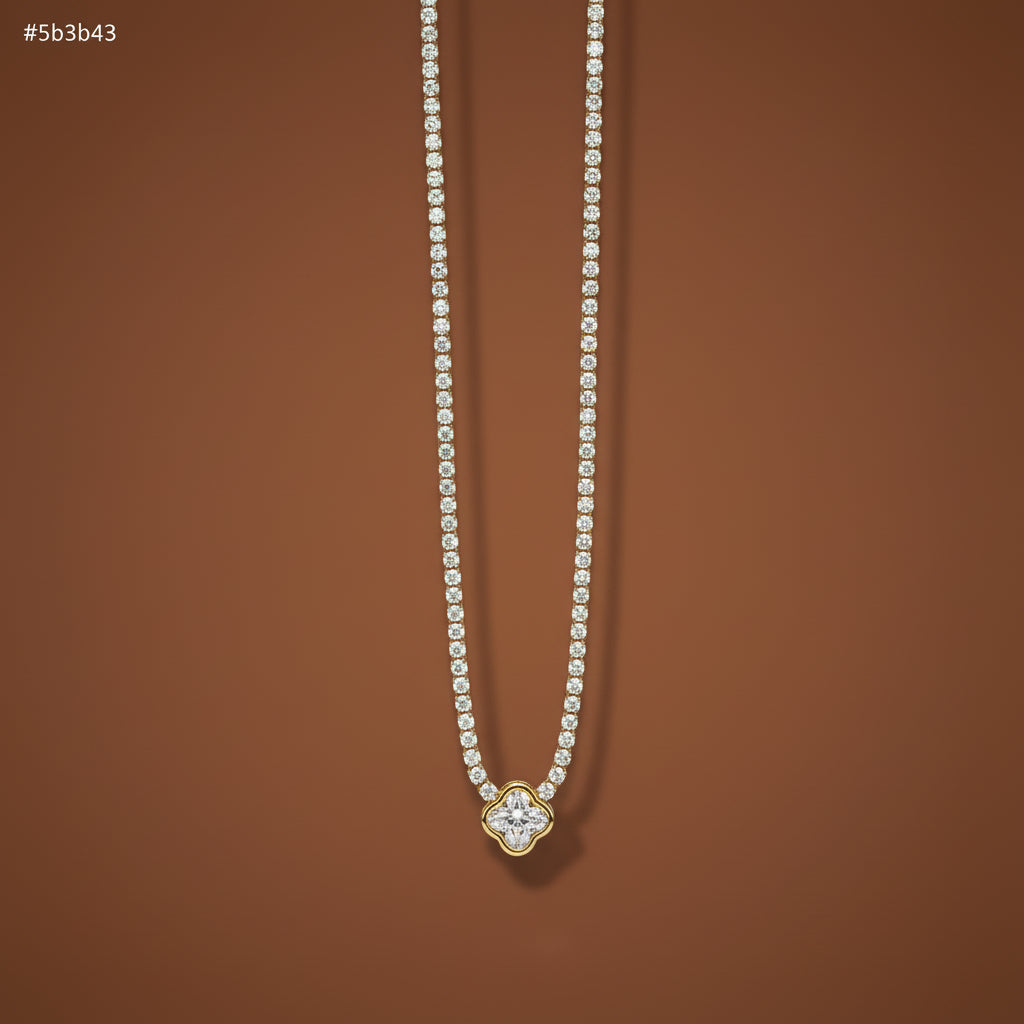 Crystal Tennis Necklace with Clover Pendant front view showing continuous crystal stone chain and clover charm