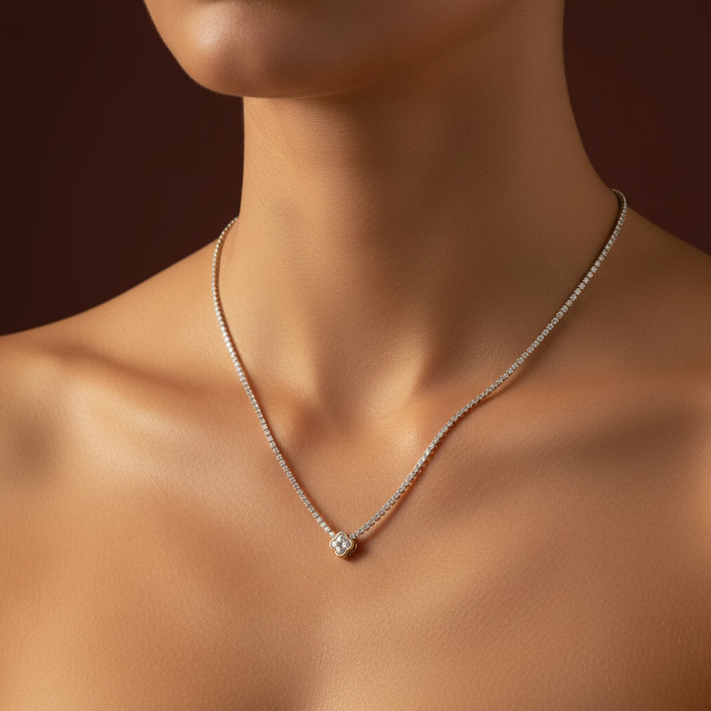 Crystal Tennis Necklace with Clover Pendant – gold plated crystal tennis necklace with lucky clover charm by Swikaar