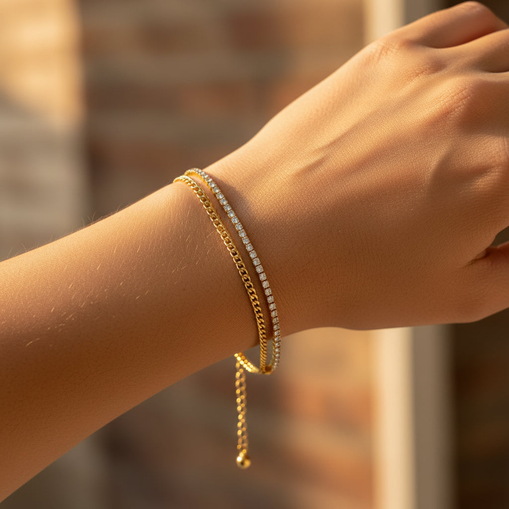 Dual Layer Bracelet front view showing gold chain layer and crystal tennis line detail