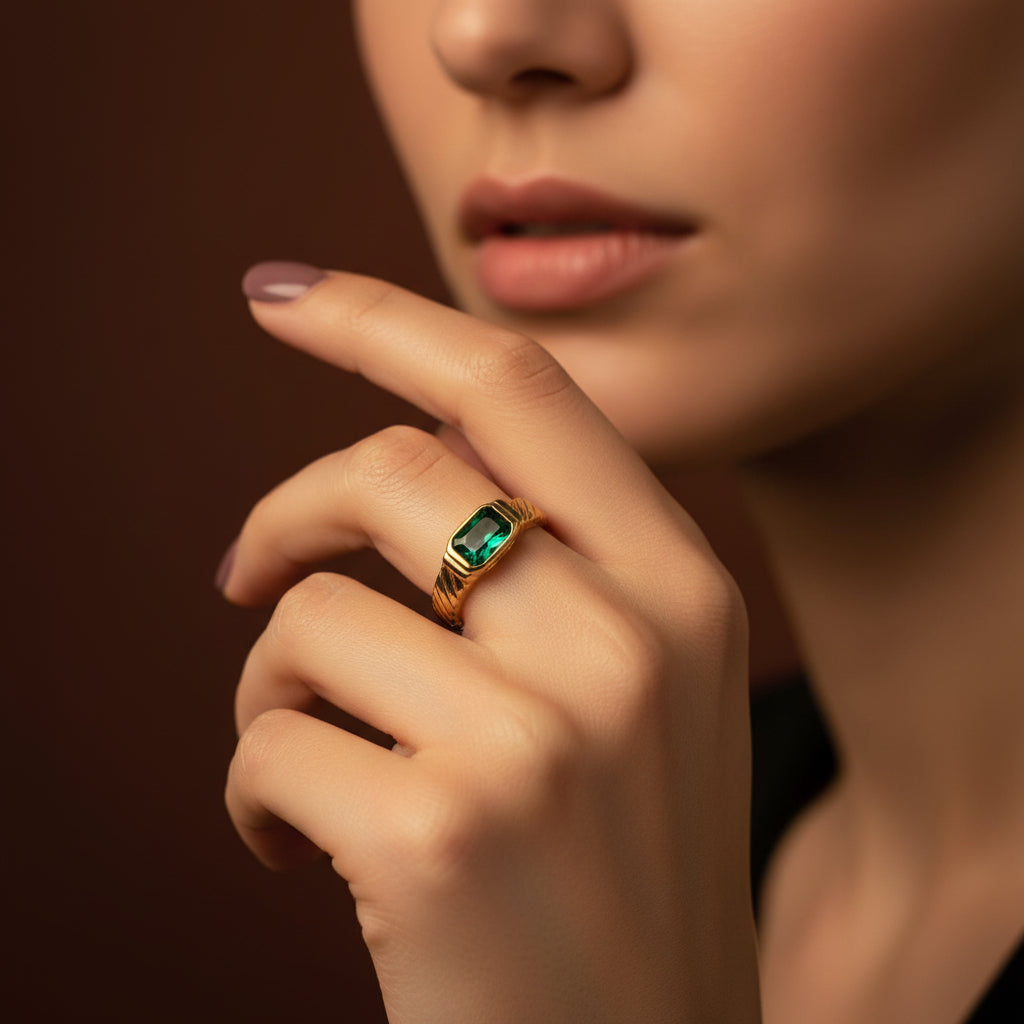 Emerald Royale Statement Ring front view showing rich emerald green stone in ornate gold plated setting