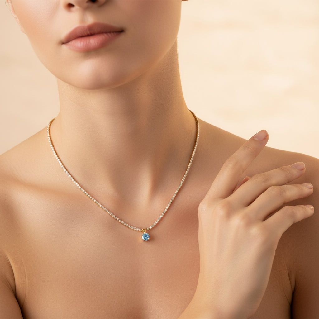 Full Tennis Solitaire Necklace close-up of cubic zirconia solitaire stones in gold plated setting