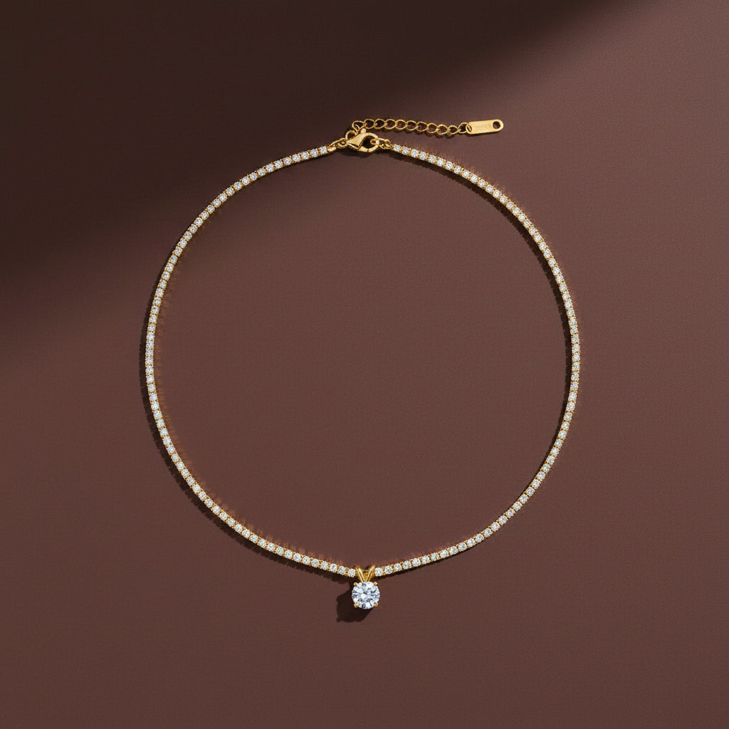 Full Tennis Solitaire Necklace – gold plated continuous crystal solitaire tennis necklace by Swikaar
