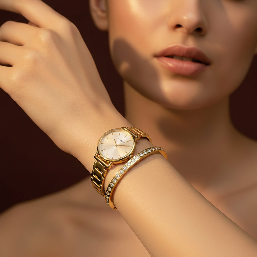 A professional shot of a model's arm wearing the single row crystal gold Kada stacked closely next to an elegant gold link watch under warm golden lighting against a rich #5b3b3a brown background. Face visible.