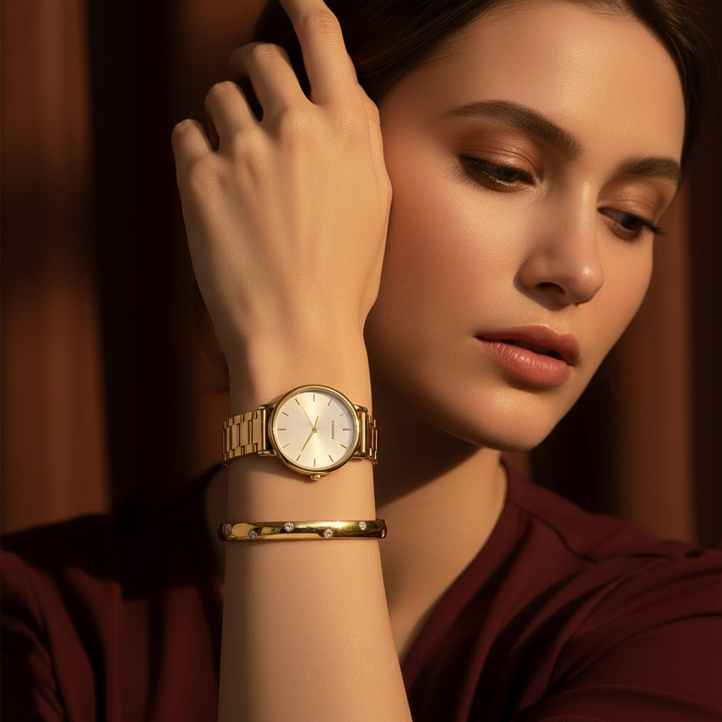 A three-quarter profile of a Black beauty model (slender wrist) wearing the dainty oval gold crystal Kada stacked first, immediately followed by an elegant link-chain gold watch, under warm golden lighting against a brown background. Focus on her thin arm.