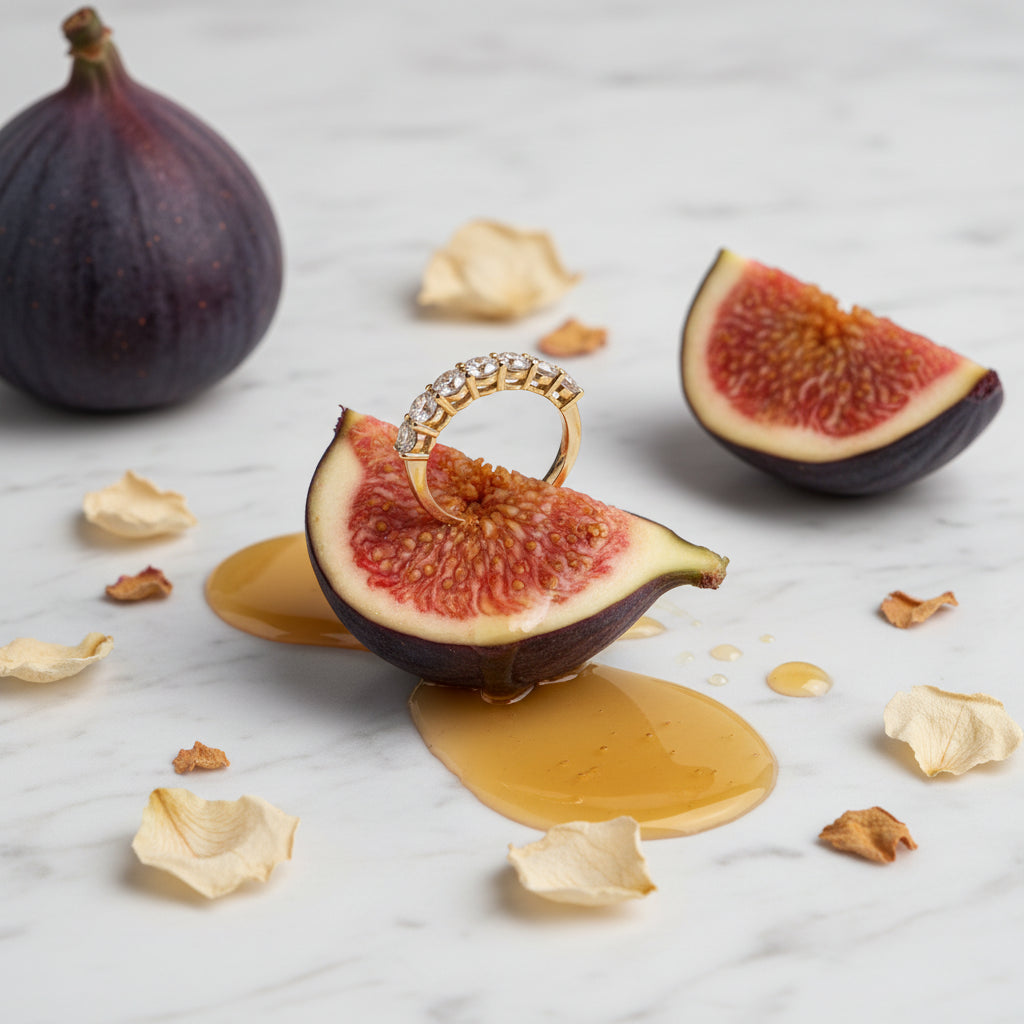 A high-end editorial lifestyle photograph capturing a refreshing luxury aesthetic, showcasing a sharp gold seven stone crystal ring composed on an appealing food item with a half-visible model playfully posing.
